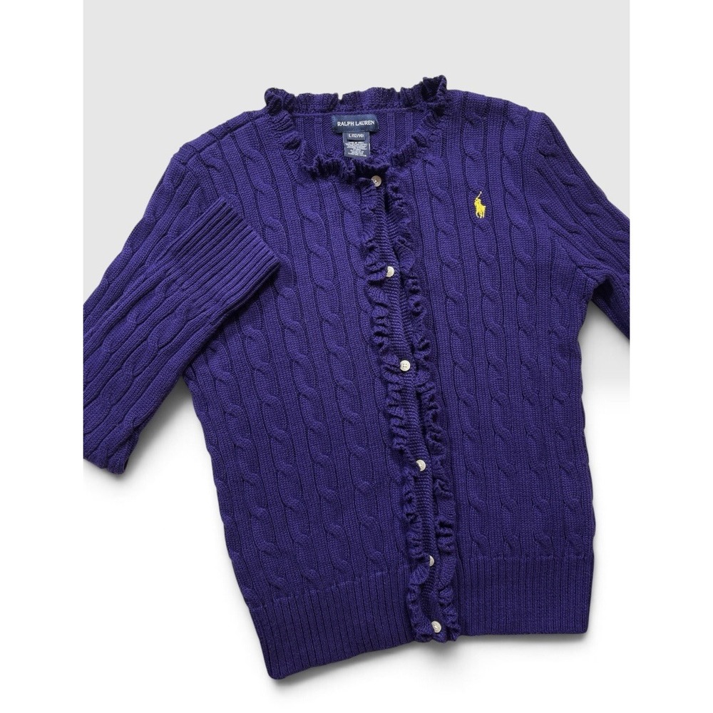 Ralph Lauren Girls Cable Knit Cardigan Sweater Sz Large(12/14) Purple -2270